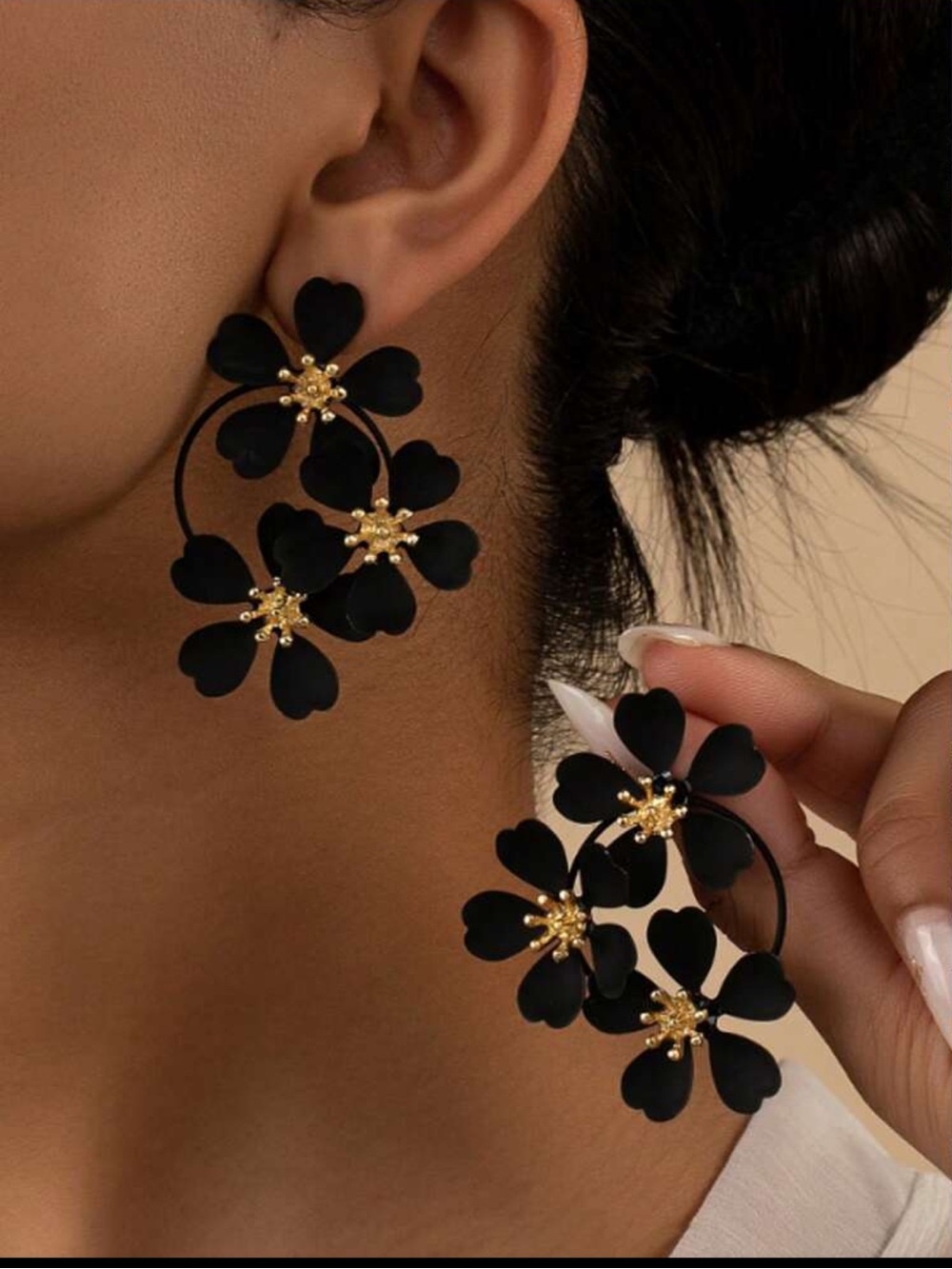 Elegant Black Floral Hoop Earrings with Gold Accents